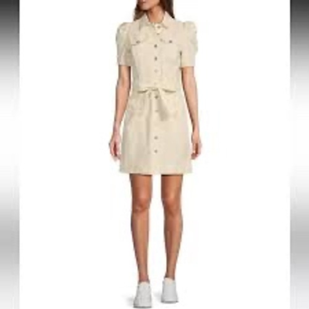 Chelsea & Violet Denim Mini Dress Womens 2 Cream EUC Puff Sleeve Belted Utility